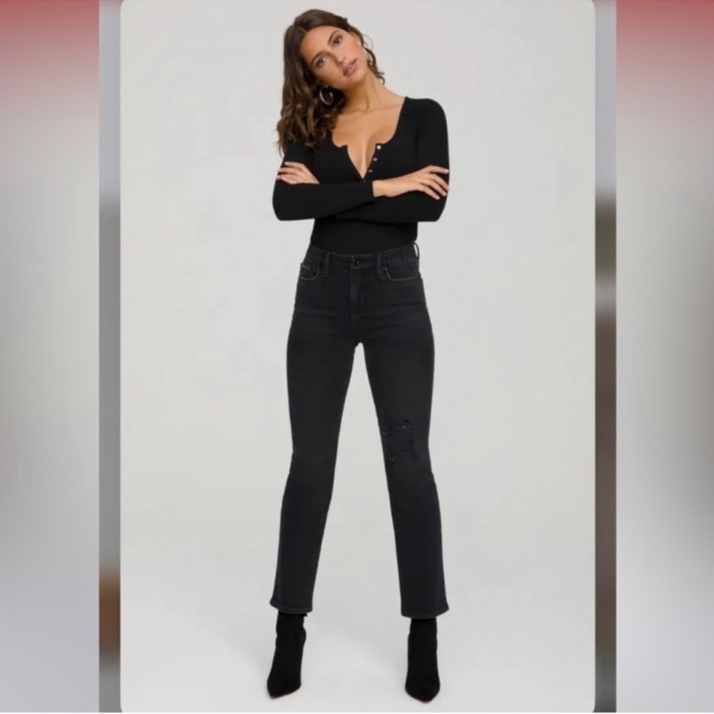 EUC - Good American Good Classic High Waisted Ripped Straight Size 12 Black